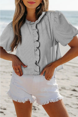 Texture Striped Ruffled Detail Shirt