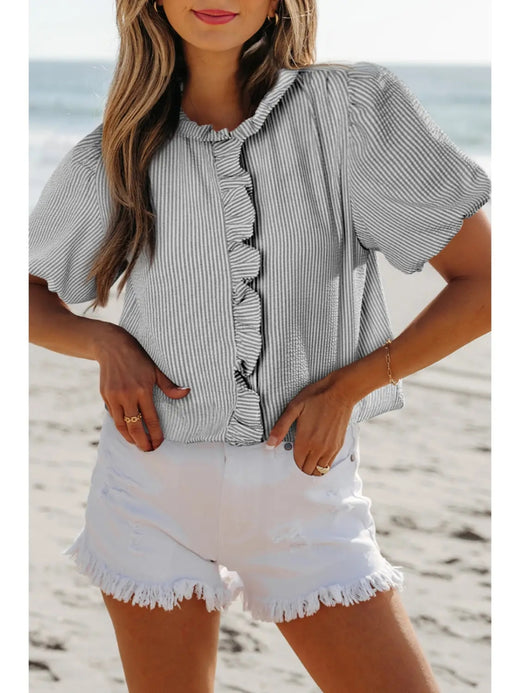 Texture Striped Ruffled Detail Shirt