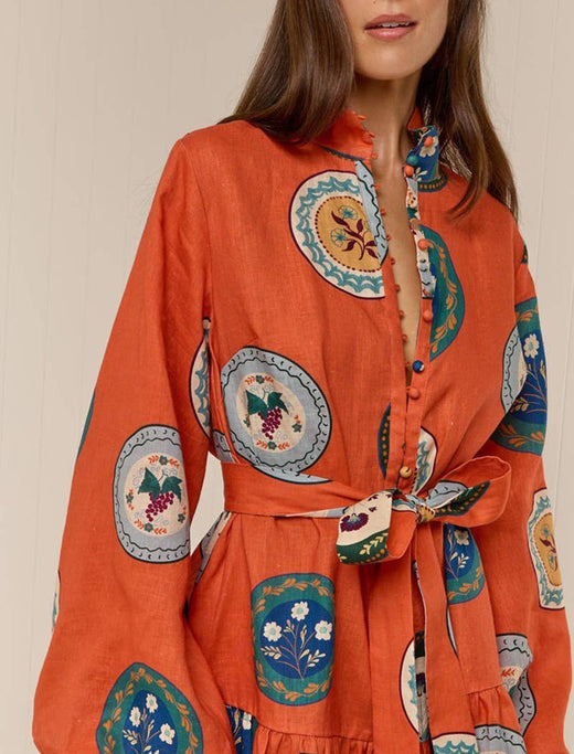 Vintage Print Belted Dress