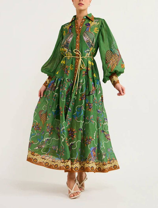 Elegant Peacock Print Maxi Dress