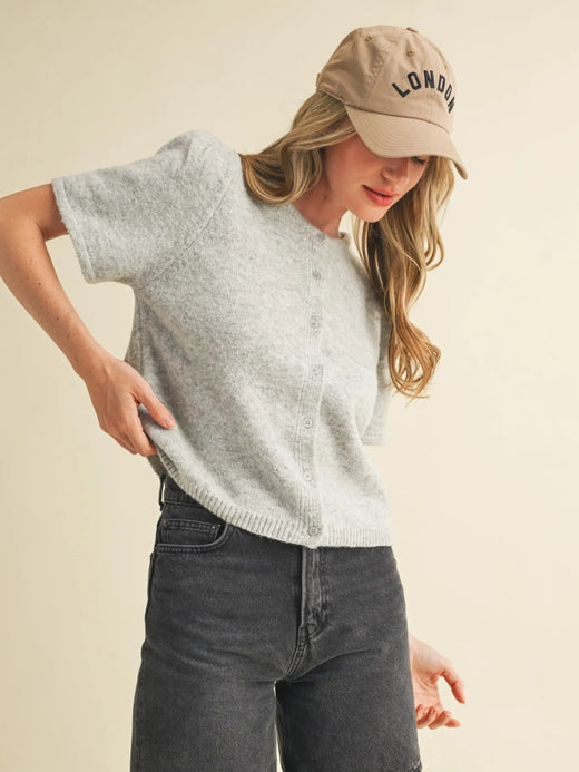 Short Puff Sleeve Sweater Cardigan
