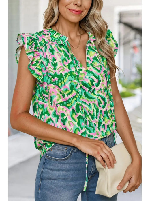 Abstract Print Ruffled Trim Top