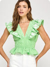 Embroidery Detail Ruffle Linen Top