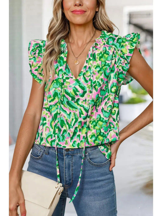Abstract Print Ruffled Trim Top