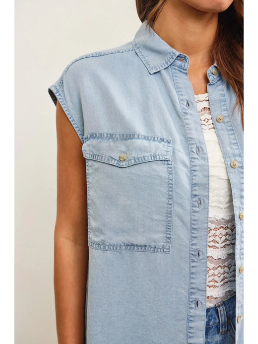 Cap Sleeve Button Up Denim Shirt