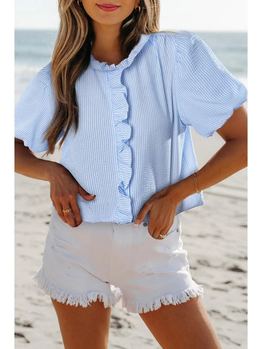 Texture Striped Ruffled Detail Shirt