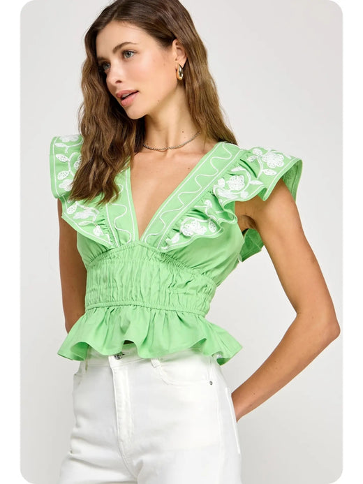 Embroidery Detail Ruffle Linen Top