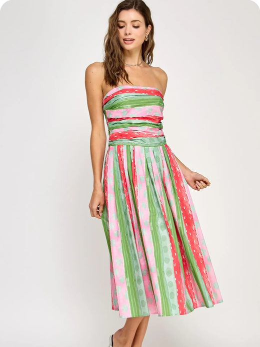 Tube Pleated Print Long Dress