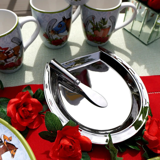 Silver Plate Horseshoe Cheese Plate W Knife