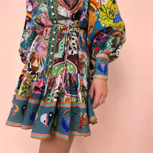 Printed Long Sleeve Mini Dress with Tie Waist