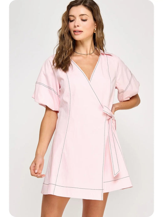 Top Stitch Wrap Collared Mini Dress