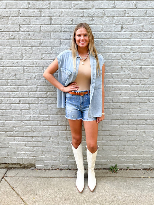 Pearl Beaded Denim Shorts