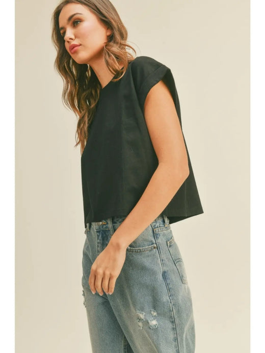 Round Neck Cuffed Sleeve Top