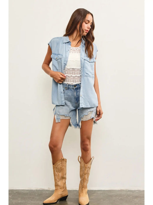 Cap Sleeve Button Up Denim Shirt