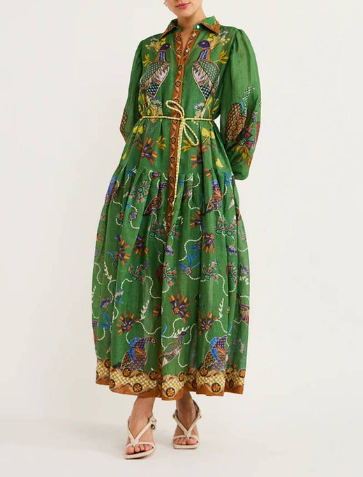Elegant Peacock Print Maxi Dress