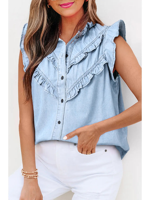 Chic Cap Sleeve Frilled Button Up Denim Shirt