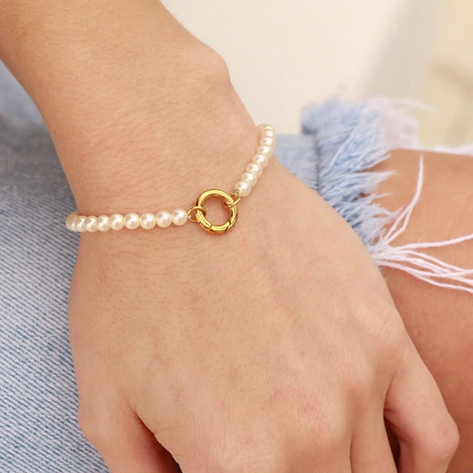 Bracelet - Gold Beaded Pearl  w/Charm Holder