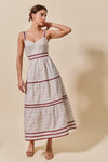 Woven Striped Floral Sleeveless Tiered Midi Dress