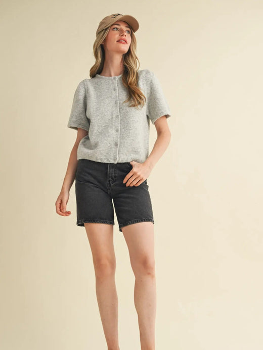 Short Puff Sleeve Sweater Cardigan