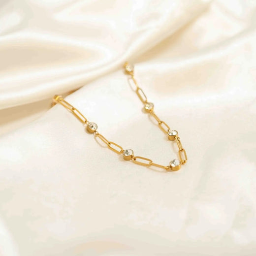 18K Gold Pvd Steel Station Stone Paperclip Chain Necklace