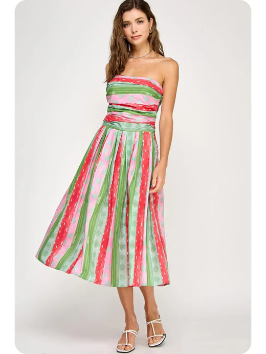 Tube Pleated Print Long Dress