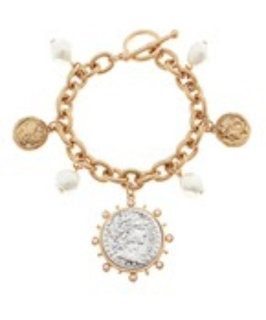 Twotone Chunky Coin & Pearl Chain bracelet
