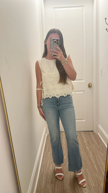 Sleeveless Linen Embroidered Top Double Side Ties