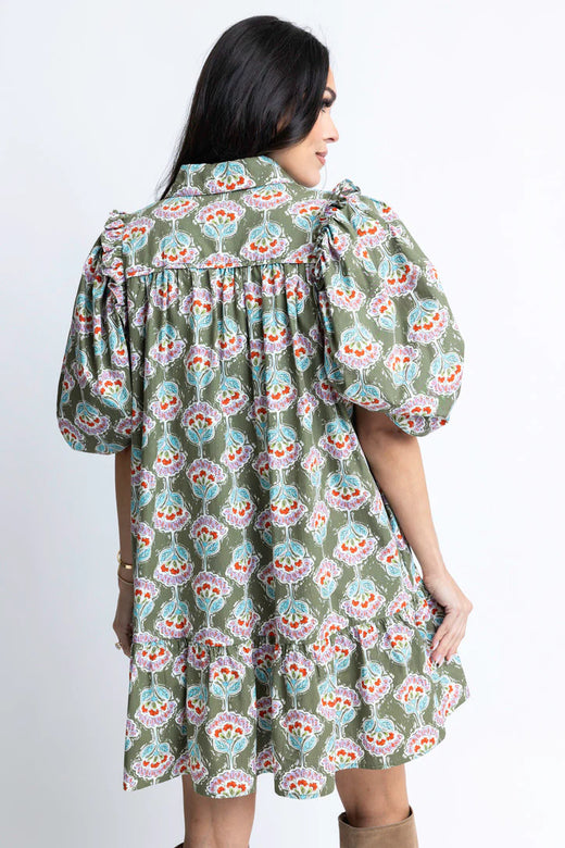 Vintage Floral Puff Sleeve Ruffle Dress