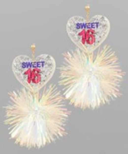 Pompom & Glitter Sweet 16 Heart Earrings