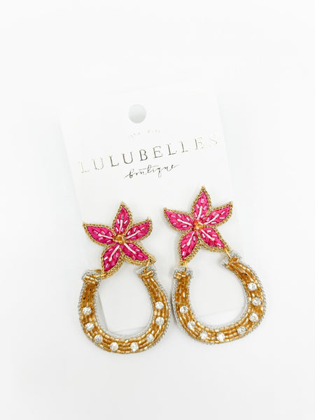 Derby Pink Lily Horseshoe Beaded Earrings Lulubelles Boutique