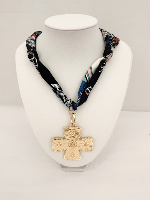 Hammered Cross Scarf Charm Necklace