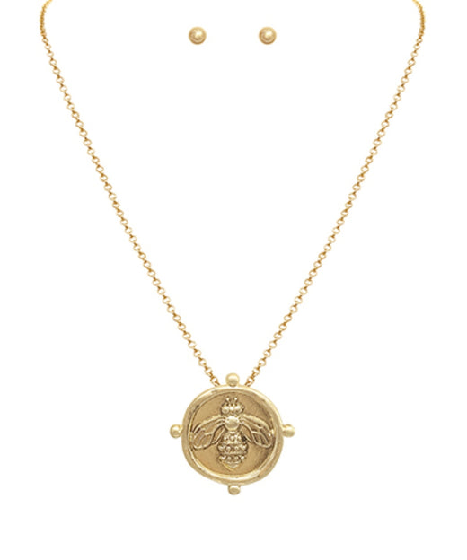 Embossed Coin Bee Pendant Necklace