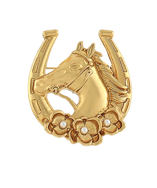 Western Horseshoe and Rose Brooch