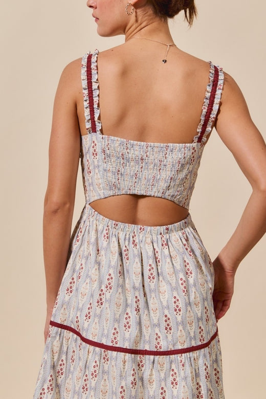Woven Striped Floral Sleeveless Tiered Midi Dress