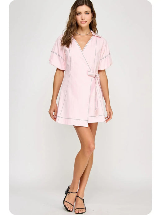 Top Stitch Wrap Collared Mini Dress
