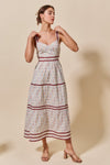 Woven Striped Floral Sleeveless Tiered Midi Dress