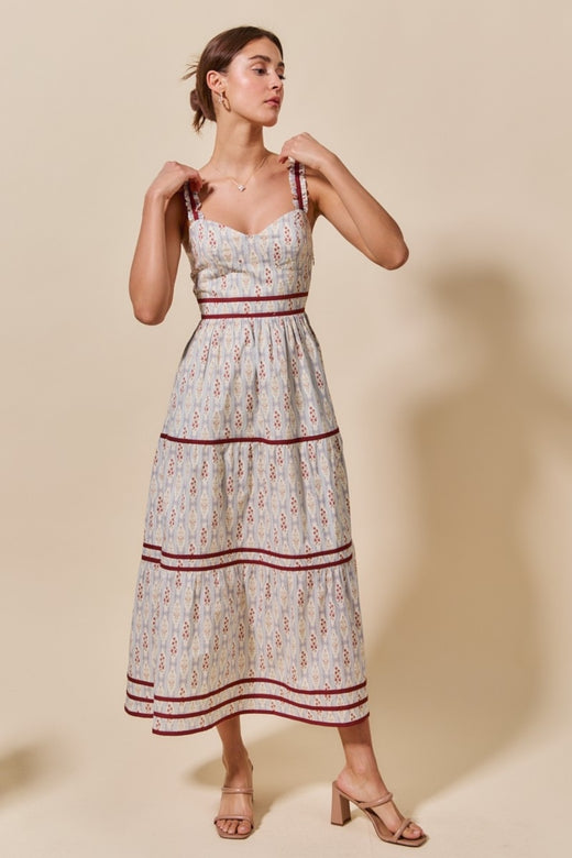 Woven Striped Floral Sleeveless Tiered Midi Dress