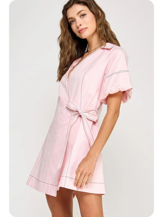 Top Stitch Wrap Collared Mini Dress