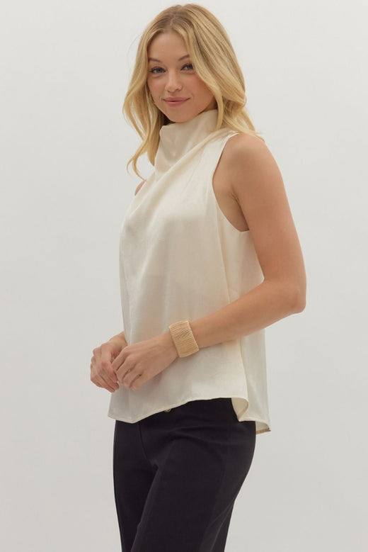Sleeveless Mock Neck Top with Draped Front