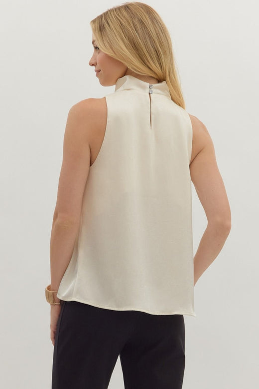 Sleeveless Mock Neck Top with Draped Front