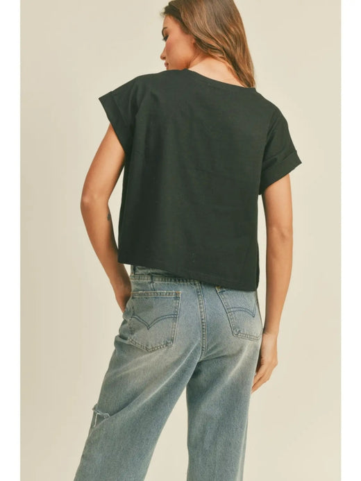 Round Neck Cuffed Sleeve Top