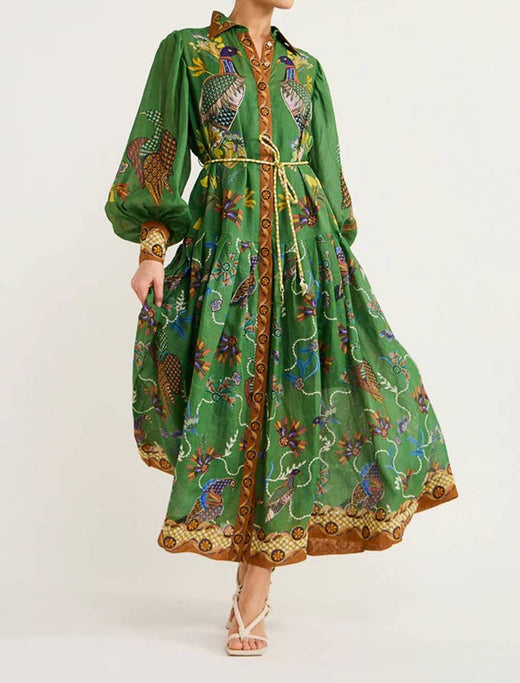 Elegant Peacock Print Maxi Dress