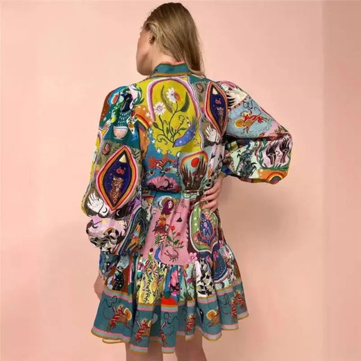 Printed Long Sleeve Mini Dress with Tie Waist