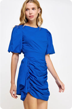 Ruched Short Puff Sleeve Voile Mini Dress