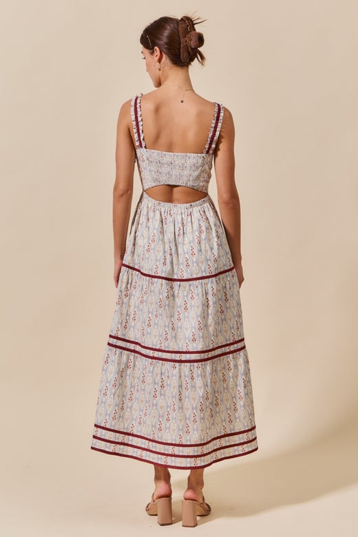 Woven Striped Floral Sleeveless Tiered Midi Dress
