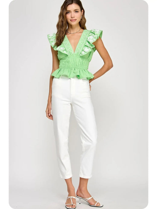 Embroidery Detail Ruffle Linen Top