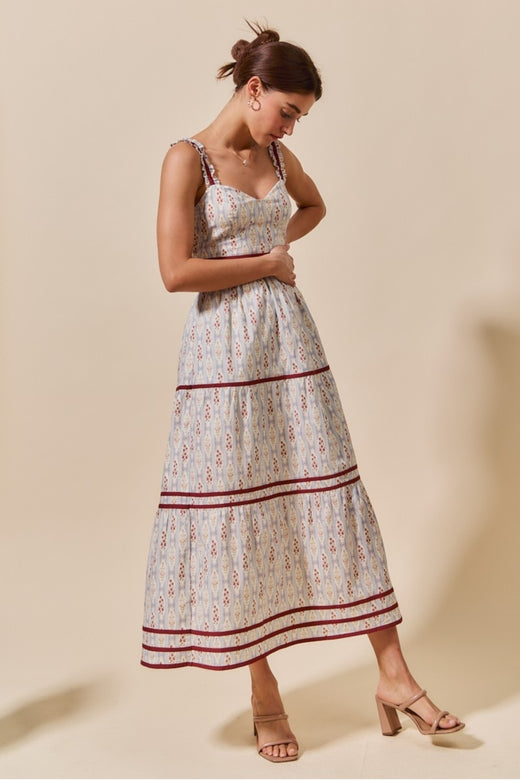 Woven Striped Floral Sleeveless Tiered Midi Dress