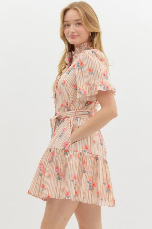 Floral and Stripe Ruffle Dress