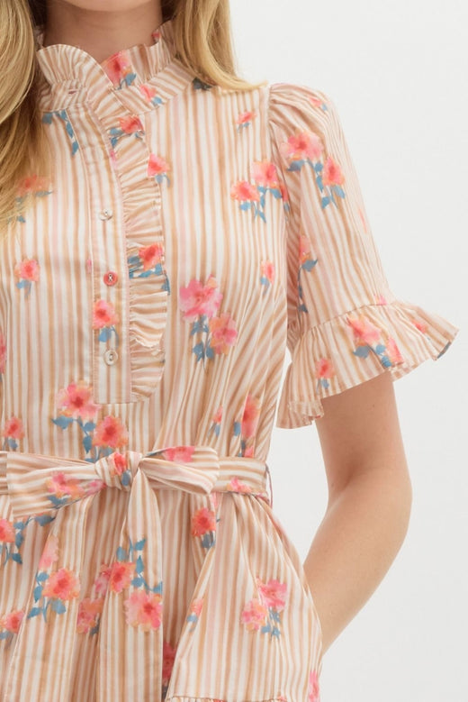 Floral and Stripe Ruffle Dress