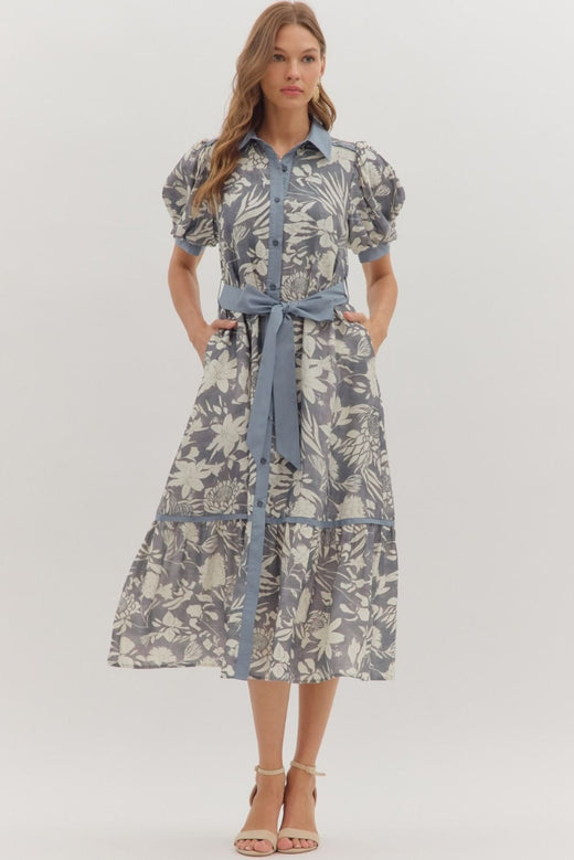 Puff Sleeve Floral Midi Dress